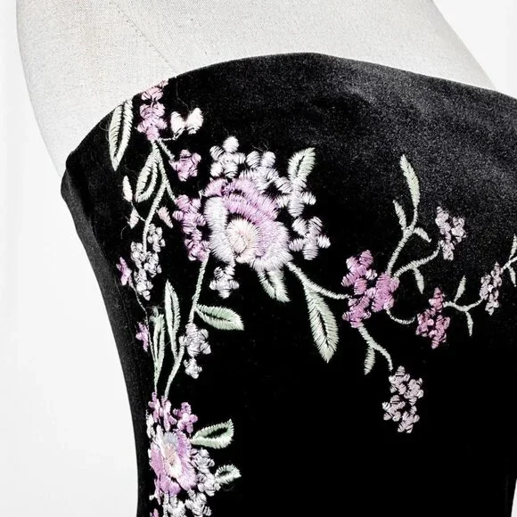 Vintage Black Strapless Velvet Floral Embroidered Maxi Bodycon Slit Dress S/M/L - Picture 9 of 9